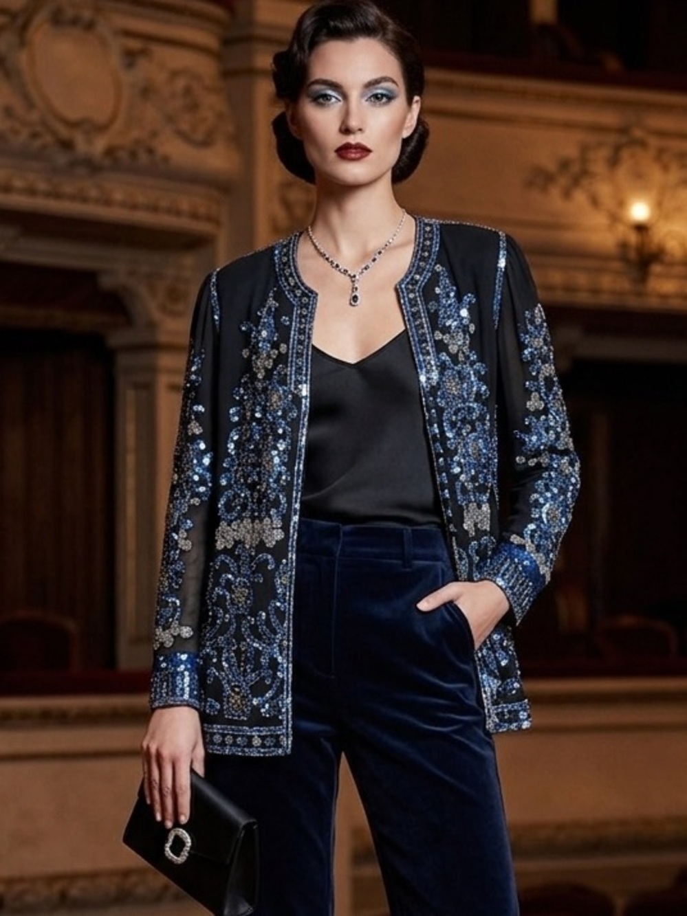 VTG Jack Bryan 100% Silk Heavily Sequin Beaded Jacket Top Blue Silver
